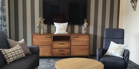 Moderner Wohnbereich mit einer Couch und einem dunkelblauen Sessel neben einem Fernseher an einer Wand