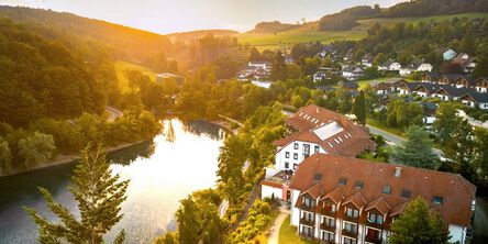 Luftaufnahme eines Hotels am See, umgeben von Natur.