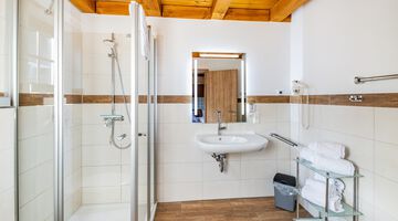 Helles Badezimmer mit Glasdusche und Holzdecke
