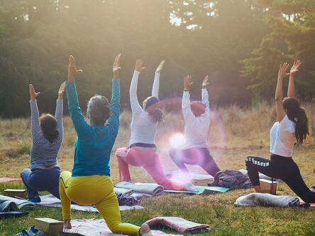 Menschen machen draußen Yoga