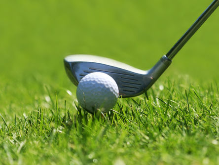 Golfball liegt vor einem Golfschläger