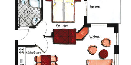Grundriss der Ferienwohnung mit einem Schlafzimmer