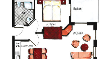 Grundriss der Ferienwohnung mit einem Schlafzimmer