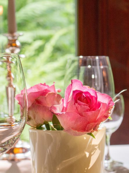 Zwei rosafarbene Rosen auf einem Tisch zwischen Gläsern 