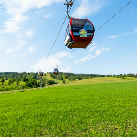 Kabinenbahn zum Ettelsberg über einer grünen Wiese