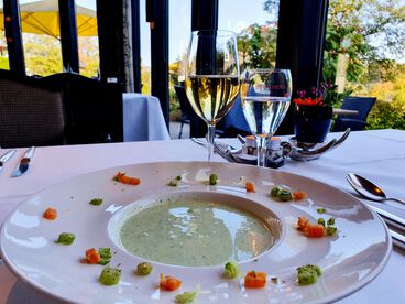 Ayurvedische Suppe serviert im Restaurant mit Blick ins Grüne 