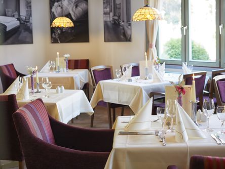 Das Göbel's Restaurant Schwanenteich mit eingedeckten Tischen und violetten Stühlen.