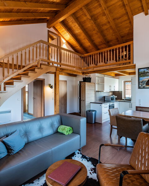 Innenraum mit Wohnzimmer und Küche vom Berg-Chalet im Chaletpark am Diemelsee