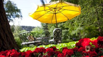 Ein gelber Sonnenschirm spendet den Gästen im Garten des Hotels Stryckhaus Schatten.