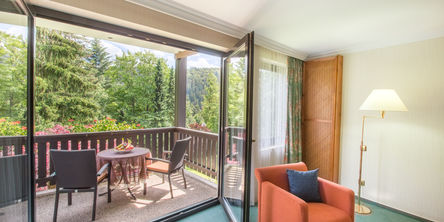 Das Wohnzimmer mit angrenzendem Balkon bietet einen hervorragenden Blick in die Natur.