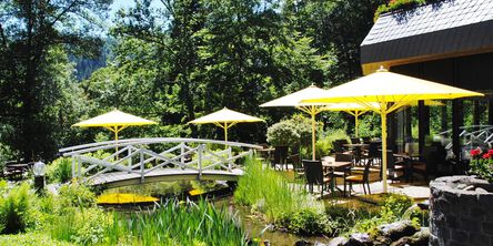 Der Garten des Hotels Stryckhaus mit Terrasse.