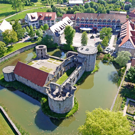 [Translate to english:] Luftaufnahme des Göbel's Schlosshotel mit Schlossruine